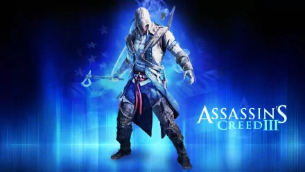 HD wallpaper and background featuring a character from the video game Assassin's Creed III, showcasing a hooded figure in detailed armor with a blue and starry background.