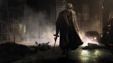 4K Ultra HD PC desktop wallpaper of a mysterious figure in a trench coat and hat holding a gun, set in a dark, foggy city street from the video game The Godfather: Five Families.