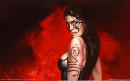 HD PC desktop wallpaper featuring a tattooed female character with dark hair against a fiery red background from the video game Vampire: The Masquerade - Bloodlines.