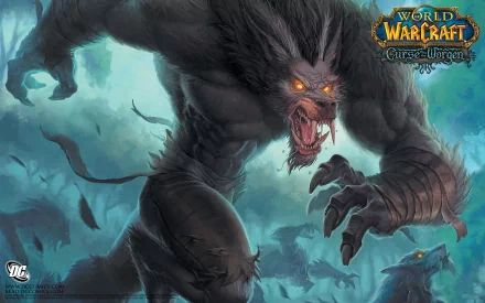 Comic-style HD PC desktop wallpaper background of a snarling Worgen from World of Warcraft: Curse of the Worgen, leaping through a foggy forest with glowing eyes and outstretched claws.