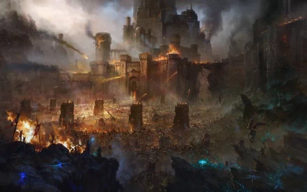 HD desktop wallpaper of a grand fantasy battle scene featuring a massive, burning fortress amidst a chaotic and fiery battlefield with warriors clashing and dragons soaring in the smoky sky.