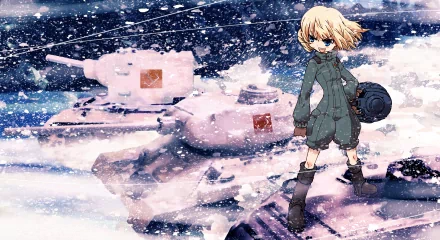 Anime Girls und Panzer HD PC desktop wallpaper/background: blonde girl in winter uniform stands on a snowy tank deck, heavy snowfall and a stormy blue-gray sky.