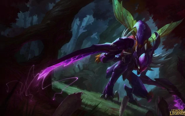 HD PC desktop wallpaper featuring Kha'Zix, the insectoid assassin from the video game League of Legends, poised in a dark, eerie forest setting.