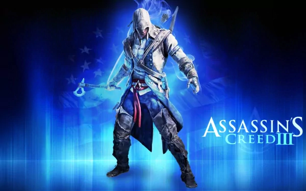 HD wallpaper and background featuring a character from the video game Assassin's Creed III, showcasing a hooded figure in detailed armor with a blue and starry background.