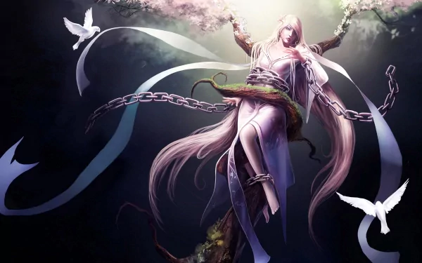 HD PC desktop wallpaper featuring a character from the video game Trine 2, surrounded by chains and glowing ethereal light, with birds flying nearby.