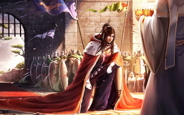 HD PC desktop wallpaper featuring a scene from the video game Trine 2, depicting a character kneeling in a medieval setting with bottles and a stained-glass window.