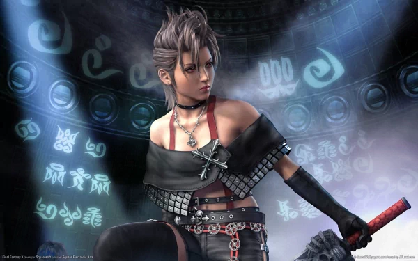 An HD desktop wallpaper featuring a character from Final Fantasy X, showcasing a powerful pose against a backdrop of mystical symbols and dramatic lighting.