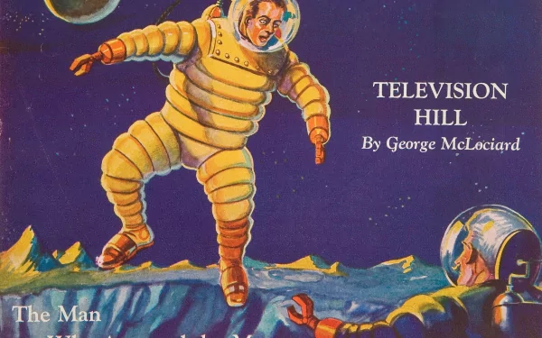 Vintage comic Amazing Stories scene: astronaut in a yellow suit on an alien ridge reaching toward a helmeted companion — 2K Quad HD PC desktop wallpaper and background.