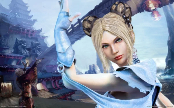 HD PC desktop wallpaper featuring a warrior character from the video game Guild Wars in a dynamic pose with an Asian-inspired architectural background.