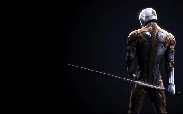 An HD desktop wallpaper featuring a character from Metal Gear Solid, showcasing a figure with a sleek, futuristic design and a sword, set against a dark background.