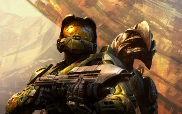 A gripping HD desktop wallpaper from Halo 3, featuring a futuristic soldier in armor wielding a weapon alongside an alien figure against a dynamic background.