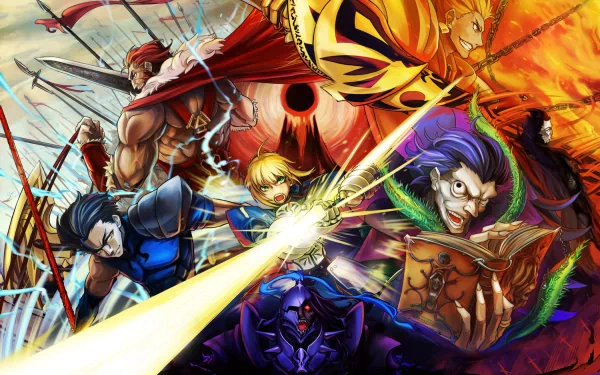 Dynamic HD wallpaper featuring iconic characters from Fate/Zero, including Rider, Caster, Lancer, Archer, Assassin, Saber, Gilgamesh, and Berserker, set against a vibrant battle backdrop.
