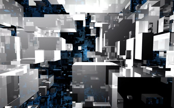 An abstract depiction of cubes in a dynamic arrangement, featuring shades of black, white, and blue, designed as an HD PC desktop wallpaper and background.