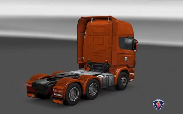 HD PC desktop wallpaper and background showing an orange Scania truck (vehicle) in rear three-quarter view on a neutral gray backdrop.