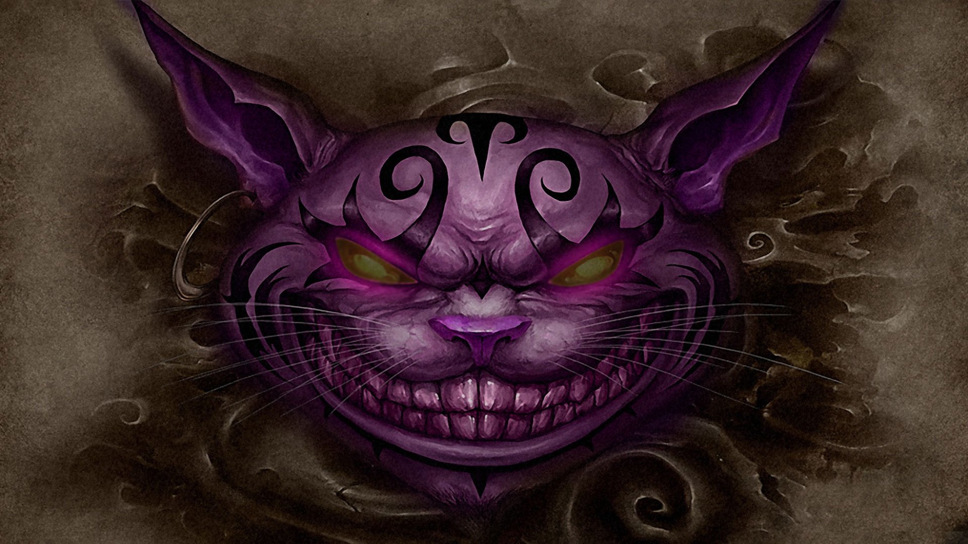 HD PC desktop wallpaper of the Cheshire Cat from the video game Alice: Madness Returns — a grinning, ornate purple feline face with glowing green eyes amid swirling dark smoke.