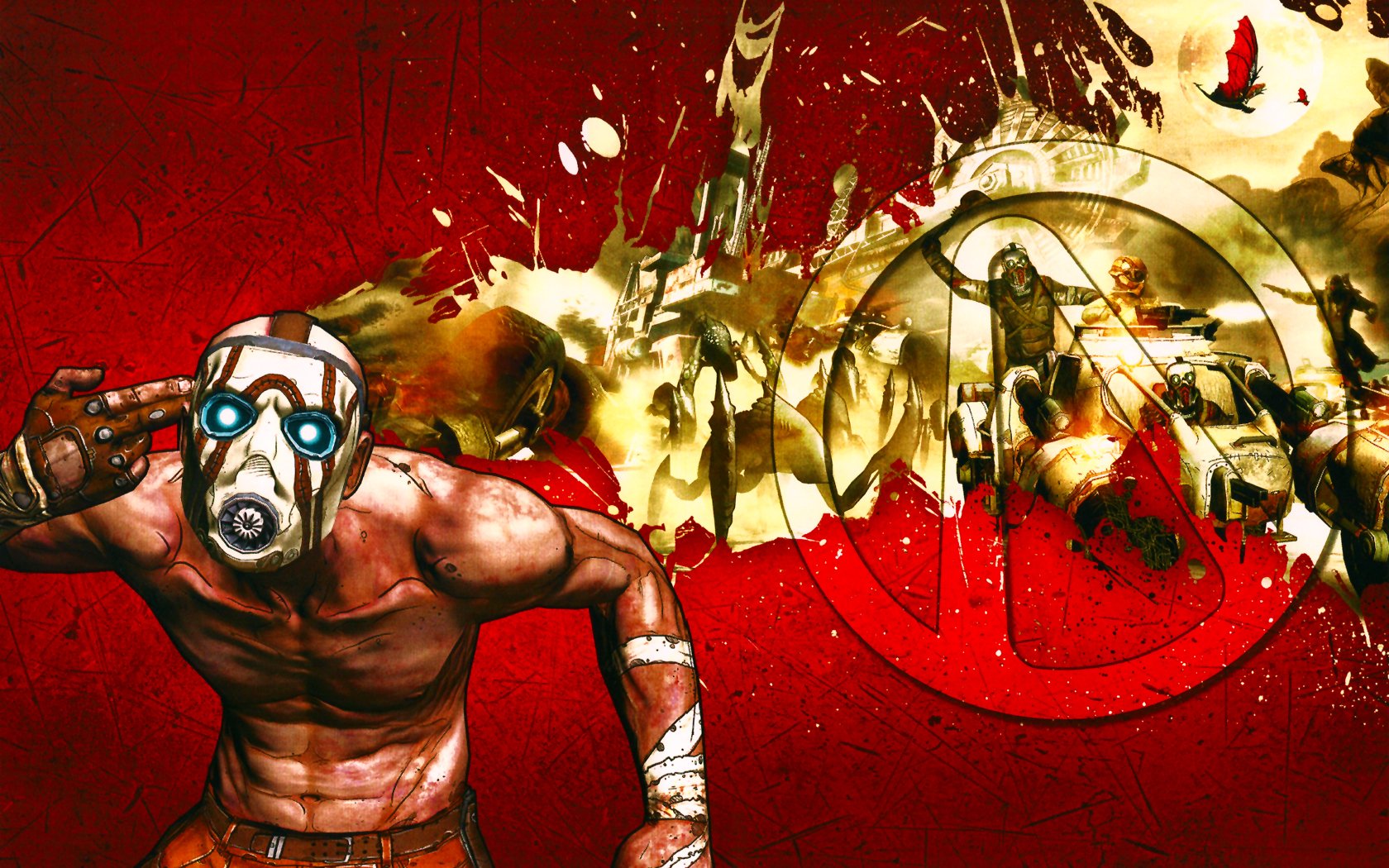 HD PC desktop wallpaper featuring a muscular Borderlands character in a gas mask against a red background with the game’s logo and chaotic action elements.