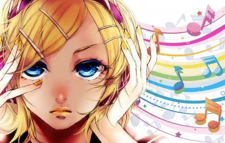 A vibrant HD desktop wallpaper featuring Rin Kagamine, a popular Vocaloid character, with striking blue eyes and colorful music notes swirling in the background.
