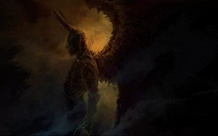 A dark, imposing demon figure with horns and wings stands against a backdrop of swirling shadows and light, creating a dramatic HD PC desktop wallpaper.