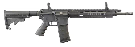 High-definition desktop wallpaper featuring a detailed close-up of a Ruger SR-556 rifle against a white background.