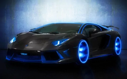 HD wallpaper of a Lamborghini Aventador with neon blue accents, glowing in a futuristic setting.