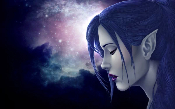 A 4K Ultra HD fantasy desktop wallpaper featuring a serene elf with blue hair and pointed ears against a cosmic, starry background.