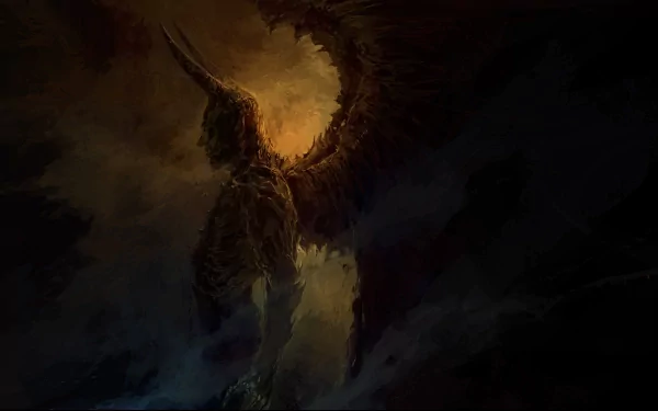 A dark, imposing demon figure with horns and wings stands against a backdrop of swirling shadows and light, creating a dramatic HD PC desktop wallpaper.