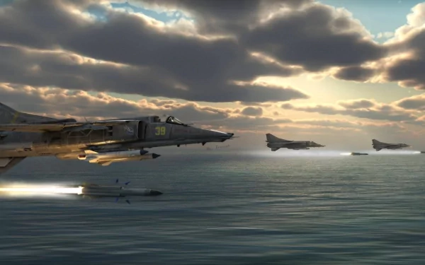 Three Mikoyan MiG-27 military aircraft fly low over the water, leaving trails against a dramatic sunset sky, creating a striking HD desktop wallpaper.