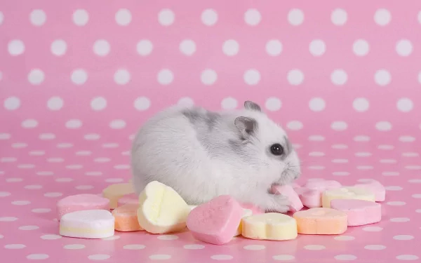 A cute hamster sits among colorful heart-shaped candy on a pink polka dot background, making this the perfect HD desktop wallpaper for animal lovers.