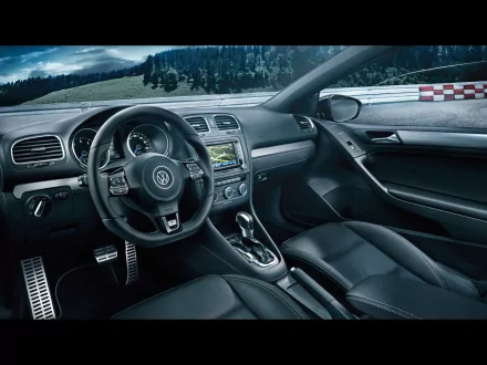 HD desktop wallpaper showing the close-up interior of a 2013 Volkswagen Golf R Cabriolet, highlighting the steering wheel, dashboard, and black leather seats.