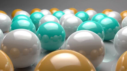 3D CGI abstract composition of cyan, white, and tan spheres arranged densely on a smooth surface, rendered in high definition as a desktop wallpaper background.