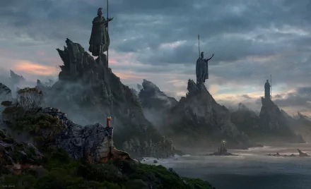 HD desktop wallpaper featuring a fantasy scene from The Lord of the Rings with majestic statues standing on rocky cliffs and mist enveloping the landscape under a dramatic sky.