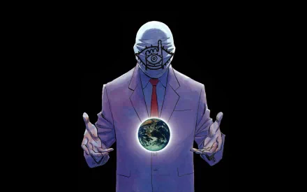 A dramatic HD anime wallpaper featuring a masked figure in a suit, holding a glowing Earth, inspired by the series 20th Century Boys. The background is a solid black, enhancing the central imagery.