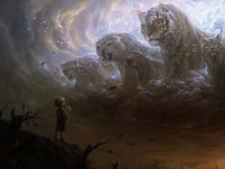 A child stands in awe beneath a fantastical sky, with tiger-like creatures formed from the clouds. This HD fantasy animal wallpaper captures a surreal and mesmerizing scene.