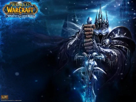 Video game World of Warcraft: Wrath of the Lich King 2K Quad HD PC wallpaper — the Lich King in icy armor clutching Frostmourne against a dark, snowy blue backdrop.