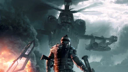 HD wallpaper featuring a scene from the video game Warface, depicting a heavily armed soldier facing a large helicopter with a dramatic, cloudy sky in the background.