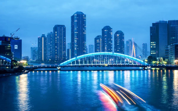Night view of Tokyo's Chuo-Ohashi and Eitai Bridges illuminated over the river, with a city skyline and light trails from boats in the foreground.