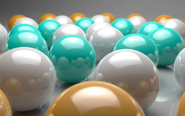 3D CGI abstract composition of cyan, white, and tan spheres arranged densely on a smooth surface, rendered in high definition as a desktop wallpaper background.