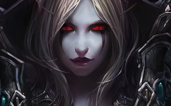 HD desktop wallpaper of Sylvanas Windrunner from the video game World of Warcraft, showcasing her intense red eyes and detailed armor.