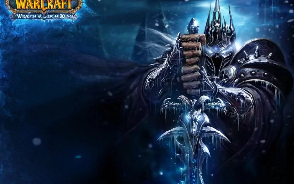 Video game World of Warcraft: Wrath of the Lich King 2K Quad HD PC wallpaper — the Lich King in icy armor clutching Frostmourne against a dark, snowy blue backdrop.