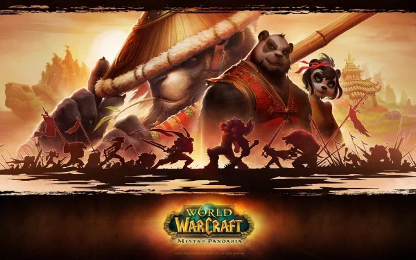 HD desktop wallpaper featuring characters from World of Warcraft: Mists of Pandaria, showcasing a giant panda warrior and a stylized battle scene at sunset.