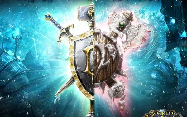 HD PC desktop wallpaper featuring a striking emblem split between sword and icy elements from World of Warcraft: Wrath of the Lich King.