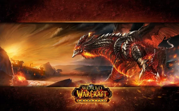 World of Warcraft: Cataclysm 2K Quad HD PC wallpaper — a gargantuan molten dragon rampages across a burning coastline, with the Cataclysm logo centered.