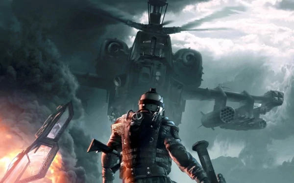 HD wallpaper featuring a scene from the video game Warface, depicting a heavily armed soldier facing a large helicopter with a dramatic, cloudy sky in the background.