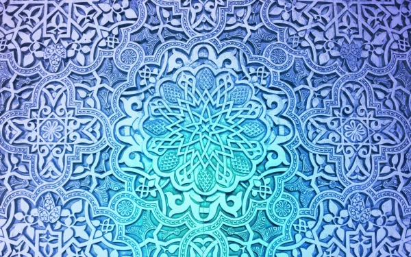 Abstract ornamental blue geometric mandala and arabesque pattern in HD, ornate textured medallion design — PC desktop wallpaper and background.