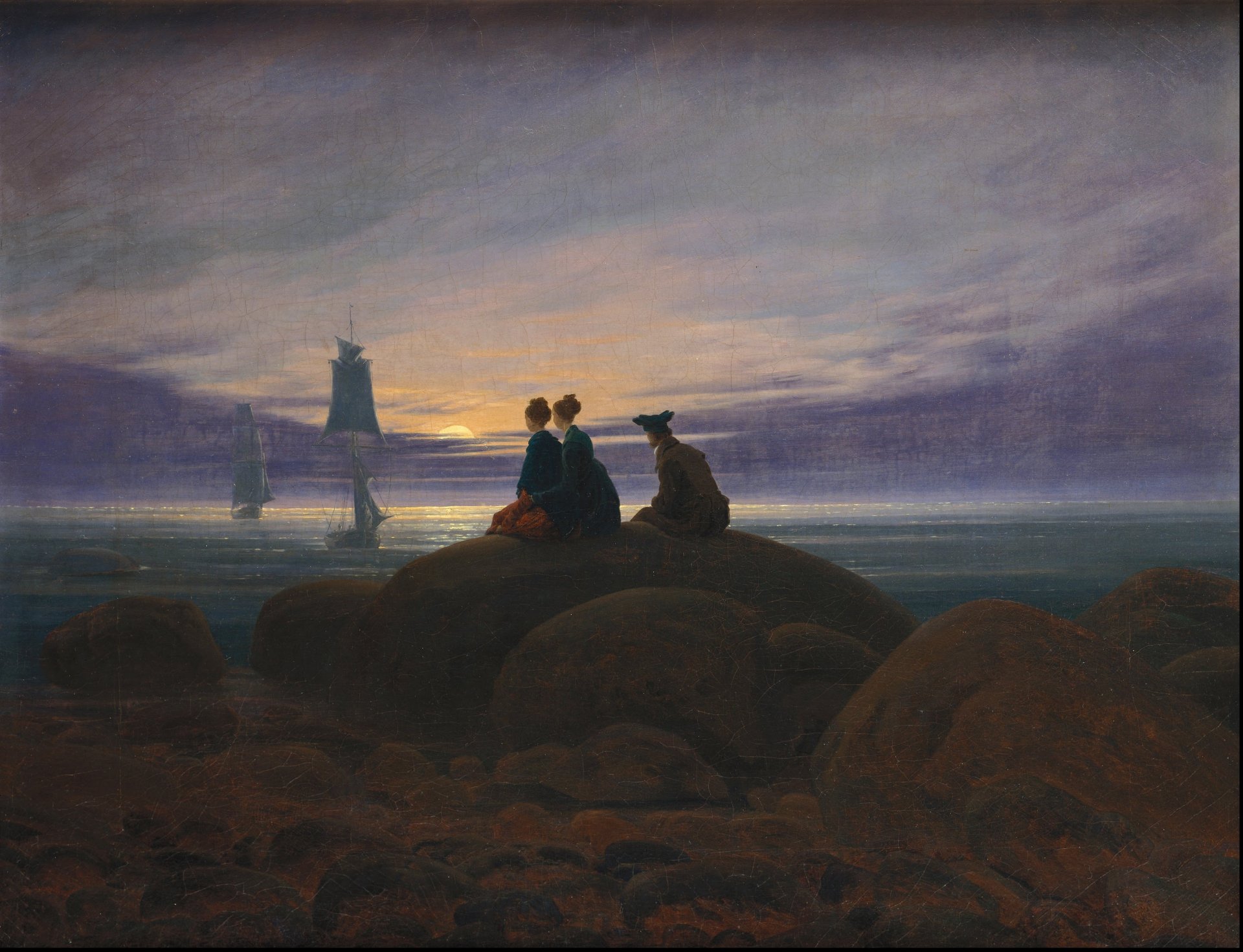 Artistic painting of two figures and a dog sitting on rocks by the sea at dusk, with sailing ships on the horizon, captured in an HD PC desktop wallpaper background.