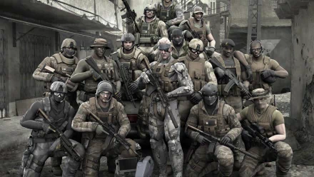 HD PC desktop wallpaper and background from the Metal Gear Online video game: a squad of armed soldiers and a camouflaged operative posing in a ruined urban battlefield.