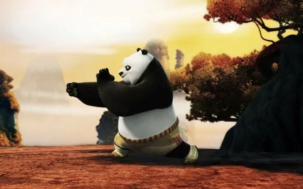 A vibrant HD desktop wallpaper featuring Po, the panda from Kung Fu Panda, practicing martial arts against a stunning sunset backdrop with trees and mountains.