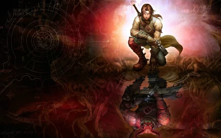 HD PC desktop wallpaper featuring a character from the video game Fable II, crouching with a sword and reflecting in a fiery, mystical background.