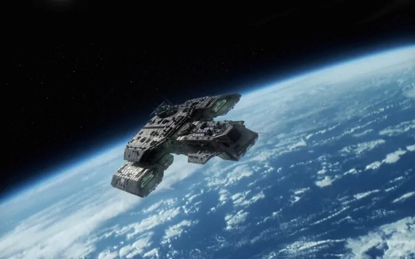 HD PC desktop wallpaper featuring a spaceship from the TV show Stargate SG-1 orbiting above Earth against a dark space background.