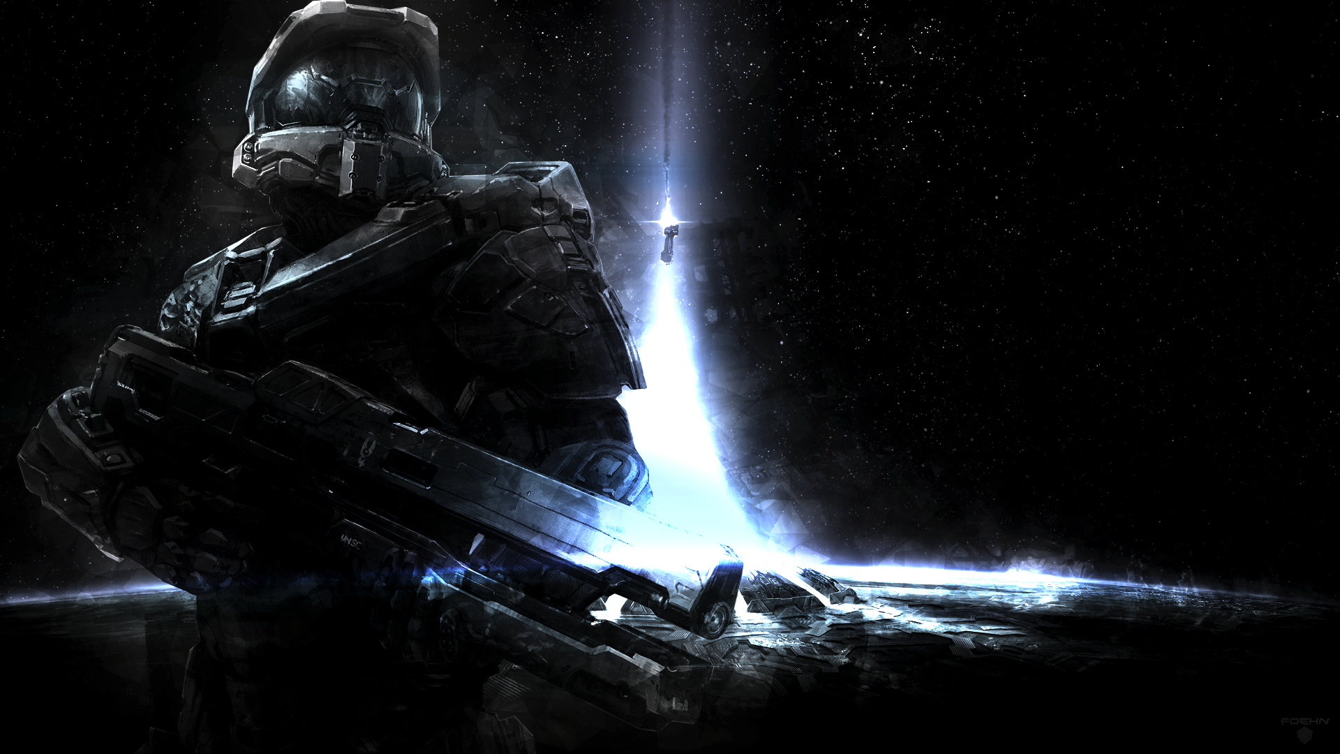 A striking HD wallpaper featuring a character from Halo 4, depicting a futuristic soldier with a weapon against a starry backdrop and glowing celestial elements.